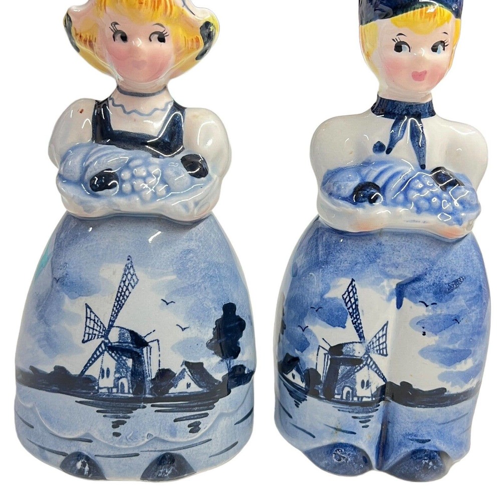 Vintage‎ Blonde Dutch Boy Girl Salt &Pepper Shaker Blue White Porcelain Windmill
